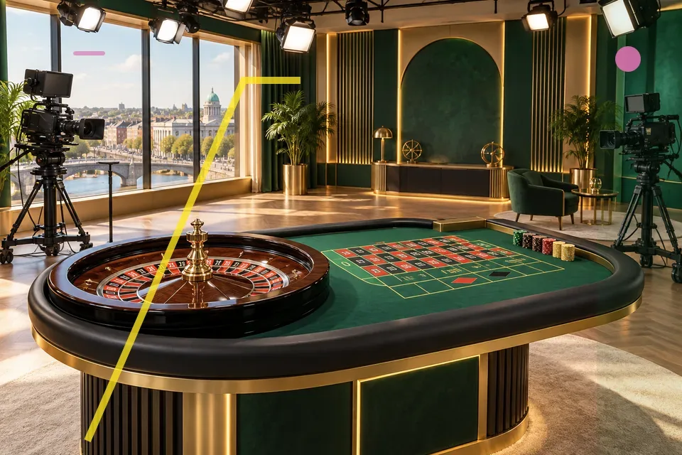 Roulette table and studio cameras beside Dublin windows