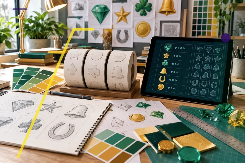 Slot symbol design desk with a paytable and reel sketches