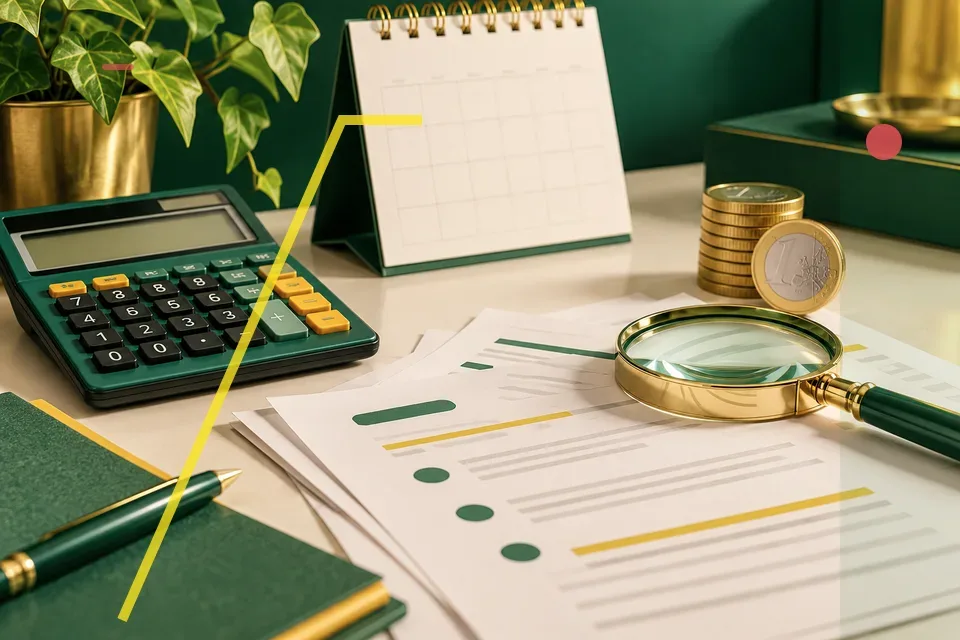 Calculator, statement, calendar and magnifying glass
