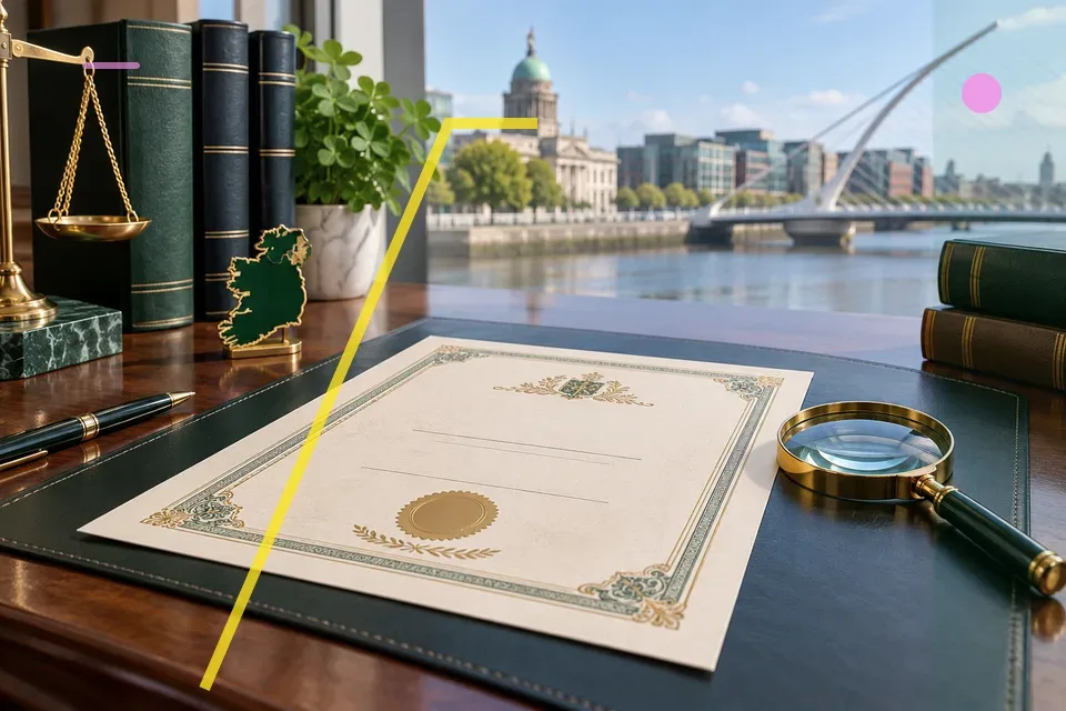 Ireland document, law books and magnifying glass