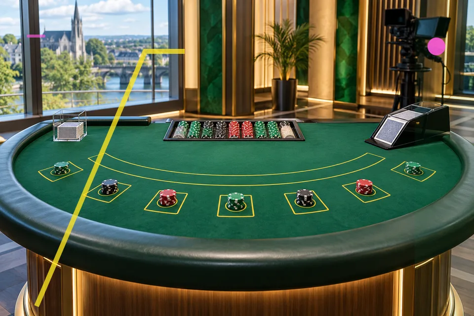unibet casino games ireland: live blackjack studio with table cards and camera equipment